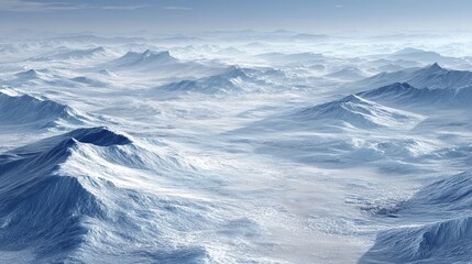 A sweeping aerial view of a vast, snow-covered mountain range shrouded in a misty, hazy atmosphere