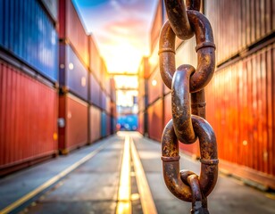 Naklejka premium Rusty chain amidst shipping containers at sunset