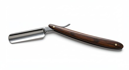 Vintage Straight Razor with Wooden Handle Isolated on White Background.