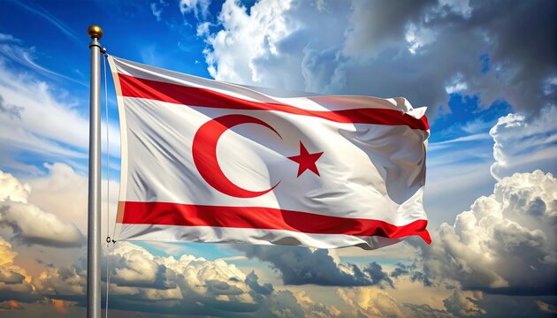 Dramatic Turkish Cypriot flag waving proudly against a vibrant sky, symbolizing national pride and cultural identity with a powerful statement - Powered by Adobe