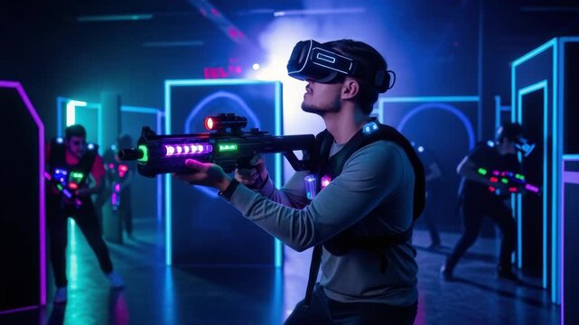 man wearing VR headset and sensor vest aims futuristic glowing blaster gun in dark neon-lit arena Other players with similar gear navigate the vibrant immersive laser tag environment actively playing