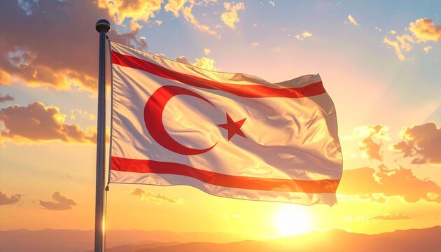 Golden sunset illuminates the flag of Northern Cyprus waving proudly, a symbol of national pride and peaceful aspirations, creating a hopeful and vibrant scene