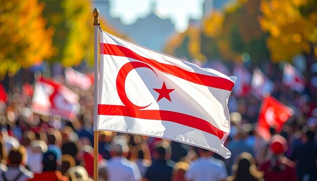 Spectacular Northern Cyprus flag soaring high above patriotic crowds, embodying national pride and unity in a vibrant celebration of culture - Powered by Adobe