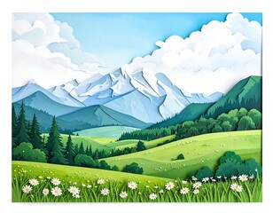 Idyllic Landscape Illustration Depicting Mountains, Meadows, and a Bright Blue Sky