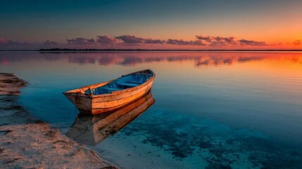 Obraz premium Serene Sunset Over Calm Waters with a Lone Wooden Boat at Shoreline
