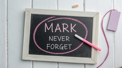 Chalkboard with pink circle and text saying Mark Never Forget