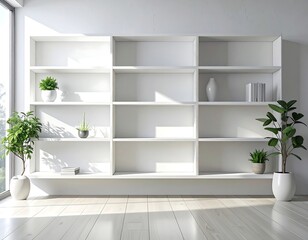 Fototapeta premium Modern minimalist interior with a white bookshelf and potted plants, sunny ambiance
