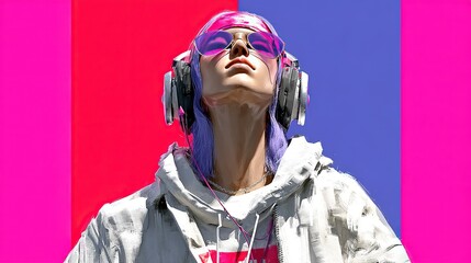 Fototapeta premium Cyberpunk cat DJ with headphones jams on pink-blue gradient backdrop