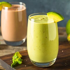 Two healthy smoothies, one chocolate, one green
