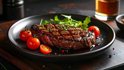 Gourmet Steak Dish with Tomatoes and Greens on a Black Plate Presentation