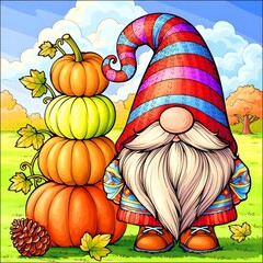 Autumn Gnome with Colorful Pumpkins
