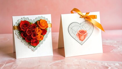 Two heart-shaped cards adorned with roses