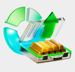 3D illustration of a suitcase with gold bars and a green arrow. Gold reserves. The concept of wealth, investment, financial security, capital increase and economic stability.