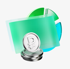 3D illustration of a finance folder with ruble coins and a chart. Represents accounting, tax report, financial management, banking, investment and state budget documentation.