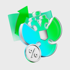 3d icon with the Russian coat of arms and a percentage. State taxes, the national budget, income and investments in the financial system of the Russian Federation. Analytics and business investments