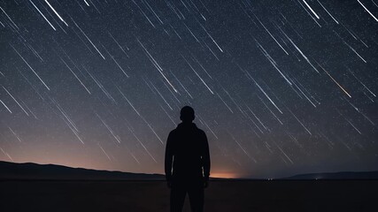 Man Silhouetted Under Streaking Stars Night Sky Time Lapse