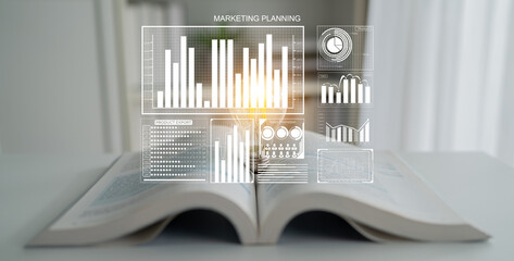 Open book with digital graphs representing marketing planning concepts. Ideal for business presentations, data analysis, and educational materials in marketing strategy. Impute
