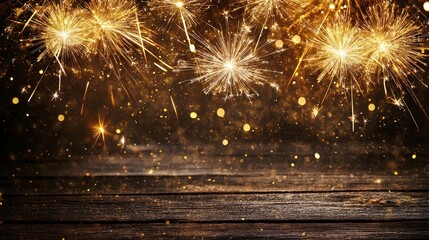 Festive sparkler background with golden lights illuminating a rustic wooden surface for a celebratory atmosphere