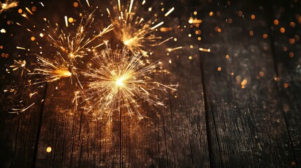Sparkling sparklers illuminate a dark rustic wooden surface creating a magical and celebratory background scene