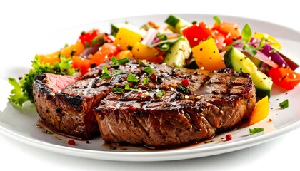 Grilled steak and fresh salad dish on a white plate in vibrant close-up photography