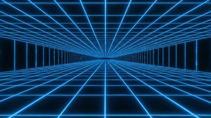 futuristic blue neon grid tunnel loop background - Powered by Adobe