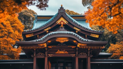 Fototapeta premium Autumnal Splendor: Ornate Japanese Temple Gate Framed by Vibrant Maple Leaves
