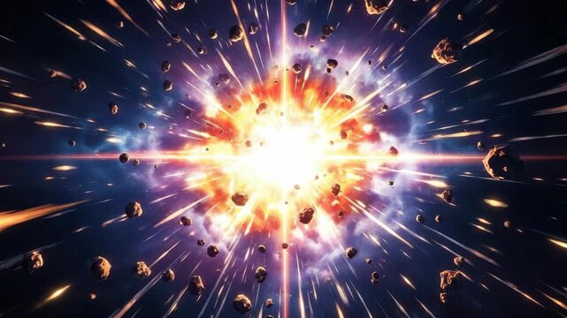 brilliant central white explosion radiates intense orange and red energy sending numerous dark asteroids flying outwards through dark star-filled cosmic expanse with blue and purple nebulae