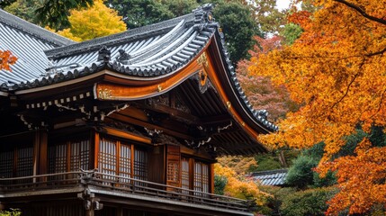 Obraz premium Autumnal Splendor: Japanese Temple Architecture Amidst Vibrant Maple Leaves