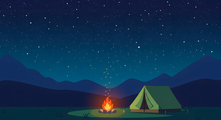 Illustration of a tranquil camping adventure with a bonfire glowing under a star-filled sky in a mountain valley