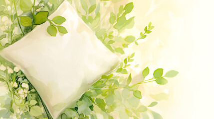 緑の植物と白い枕の水彩イラスト背景