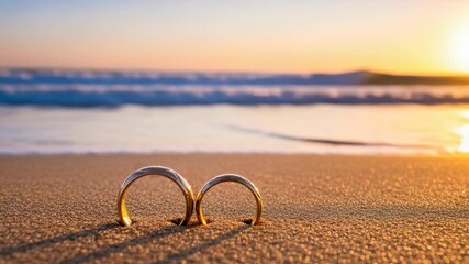 Two golden wedding bands are partially submerged in warm sparkling sand on beach at sunset with soft ocean waves gently rolling in the blurry background under vibrant sky - Powered by Adobe
