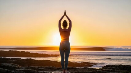 woman in yoga pose standing barefoot on dark rocks by the ocean at sunset Her back is to the viewer arms raised in prayer-like gesture silhouetted against the vibrant orange sky and calm sea