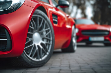 Fototapeta premium close-up of a black tire with silver rim resting on brick pavement, blurred red sports car in the background, and wheel design capturing automotive performance and modern lifestyle