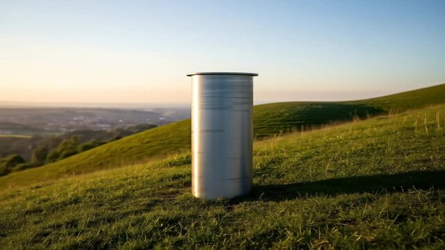 A meteorological rain gauge stands alone on a sunlit grassy hill overlooking a distant valley.
