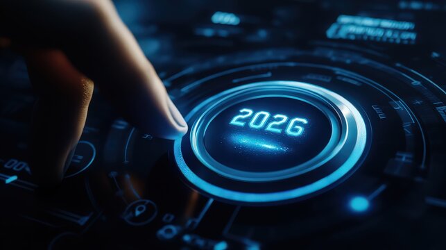 Finger pressing a glowing blue button with the year 2026, representing the future and technological advancement