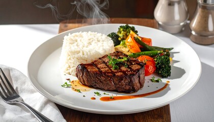 Grilled steak with vegetables and rice, culinary delight, ready to be served