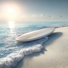 Surfboard on Sandy Beach at Sunrise