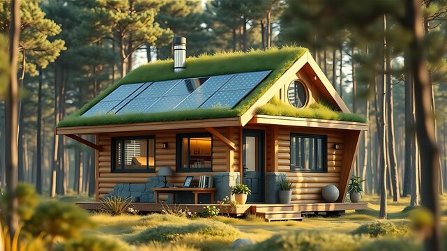 A cozy log cabin with a green roof and solar panels sits in a sunny forest clearing, symbolizing sustainable living, eco-friendly architecture, and off-grid retreats.