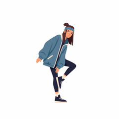 2D flat vector illustration of teenage character a gilpy teenage girl in oversized jacket and headband, performing a tilt step hip hop move with one leg bent and upper body leaning sideways
