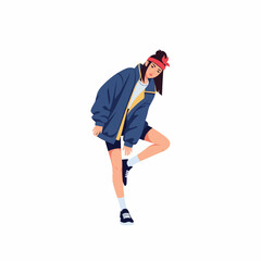 2D flat vector illustration of teenage character a gilpy teenage girl in oversized jacket and headband, performing a tilt step hip hop move with one leg bent and upper body leaning sideways