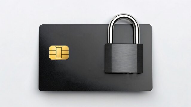 Black credit card with security chip and padlock symbolizing financial data protection
