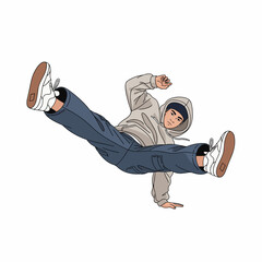 2D flat vector illustration of a gilpy teenage boy breakdancer, loose hoodie and sneakers, performing a windmill spin with legs wide open