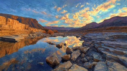 Scenic painting of a rocky gorge with calm water reflecting a sunset sky. Golden light bathes the land