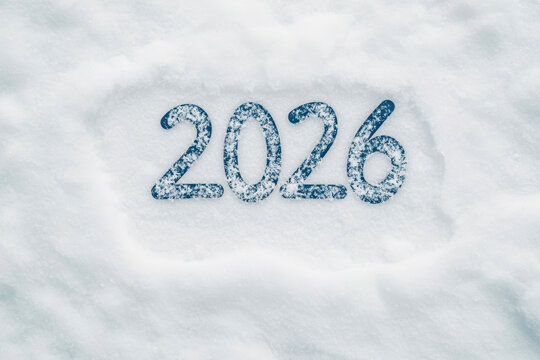 2026 number written in fresh white snow, winter background, cold season, frosty texture, new year concept, clean and minimal design