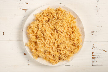 top view plate of ready-to-eat pork floss at horizontal composition