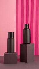 Fototapeta premium Two black cosmetic bottles on gray blocks against a pink background