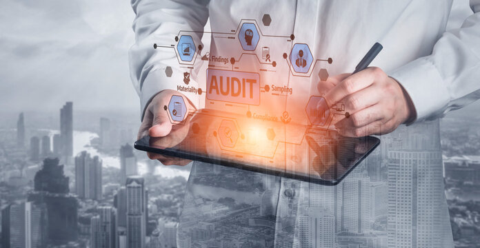 A business professional engages in a digital audit, utilizing a tablet amidst a bustling urban environment, showcasing analytics and technology integration in corporate strategy. Tessel