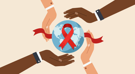 A Flat Design vector illustration depicting diverse hands gently cradling a globe adorned with a red ribbon, symbolizing global unity and support on World AIDS Day.
