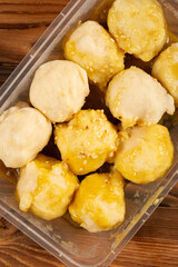 top view curry cuttlefish balls at vertical composition