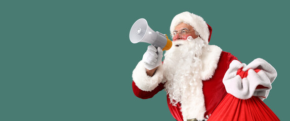 Santa Claus with Christmas bag and megaphone on green background